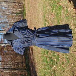 Steve Madden Wrap Puff Sleeve Taffeta Stripe Blue Black Dress. Size 14